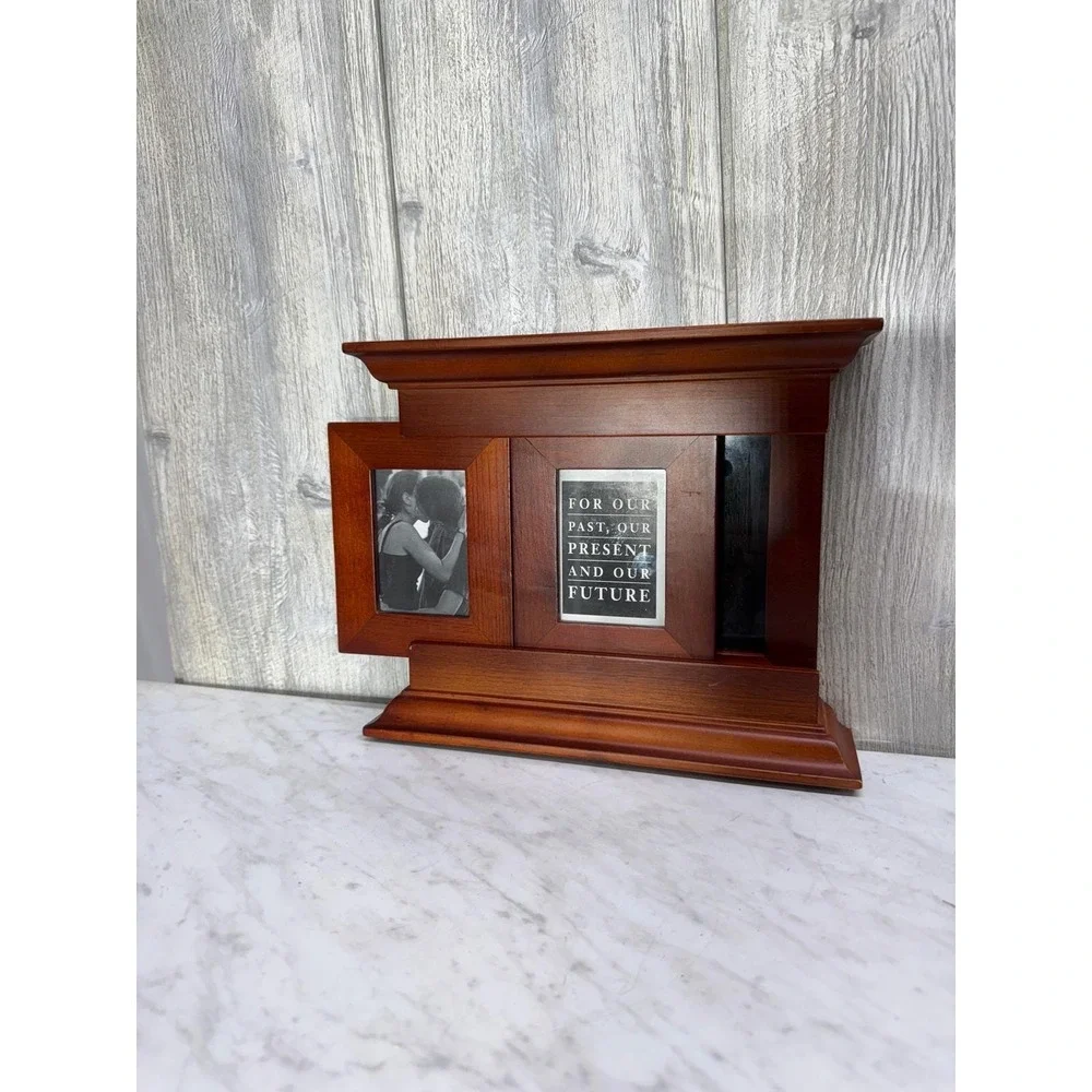 Wooden Sliding Door Triple Picture Frame Mantel Style Brown Cherry Finish